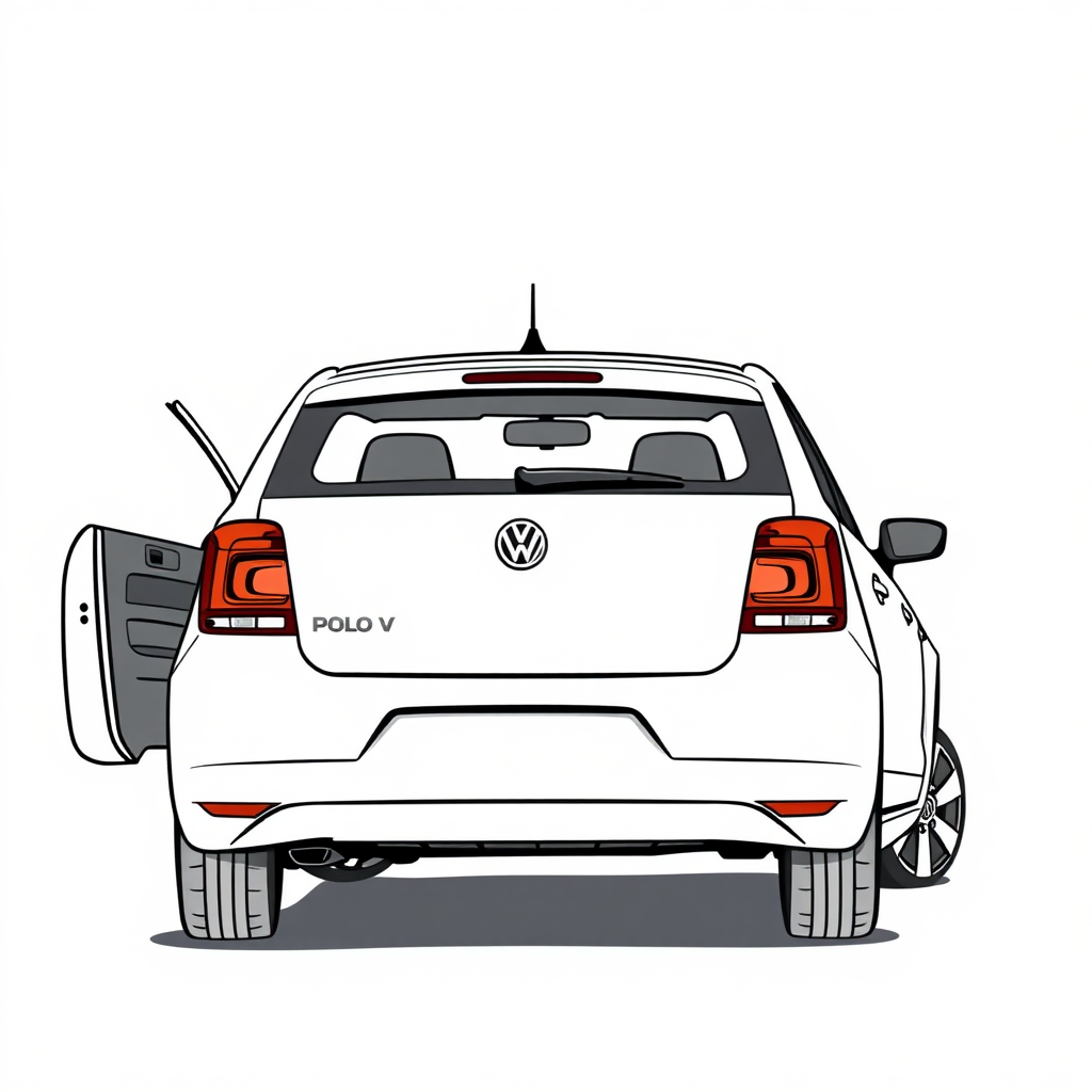 a white VW Polo V, driver door open  
long establishing shot, 2D, caricature, cartoon, Sketch lines, coloring book, coloring book style on white background, well composed, clean coloring book page, No dither, no gradient, strong outline, No fill, No solids, vector illustration, back side view, vector illustration, movement lines