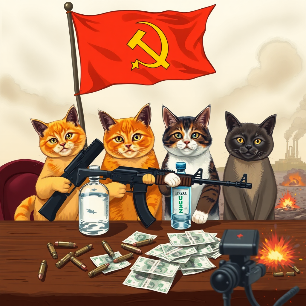 4 chatcatkat, black, orange, dark brown and light brown, USSR communist with an AK-47 and vodka and a USSR flag behind a table with bullet casings on it and Russian money on a battlefield with explosions.