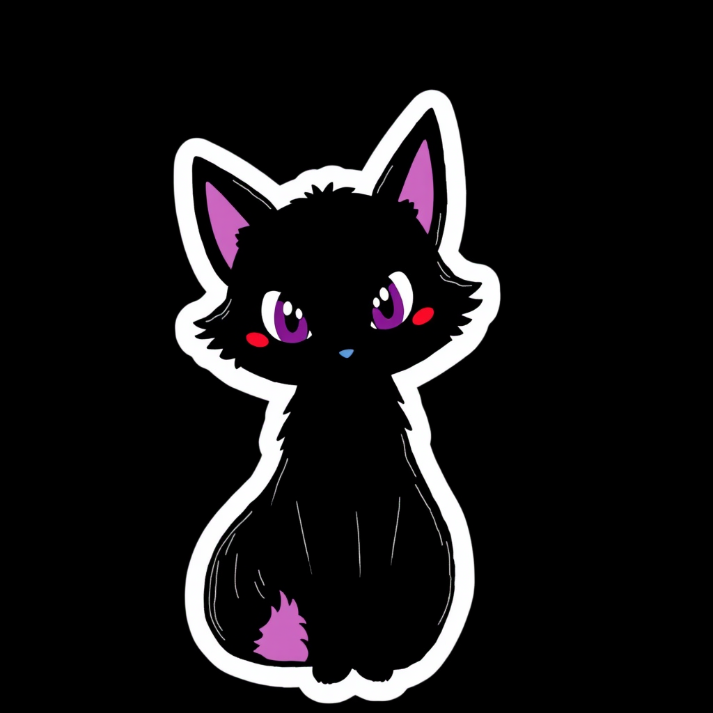 A sticker of a hand drawn black fox with purple eyes and tail tip. Simple black background