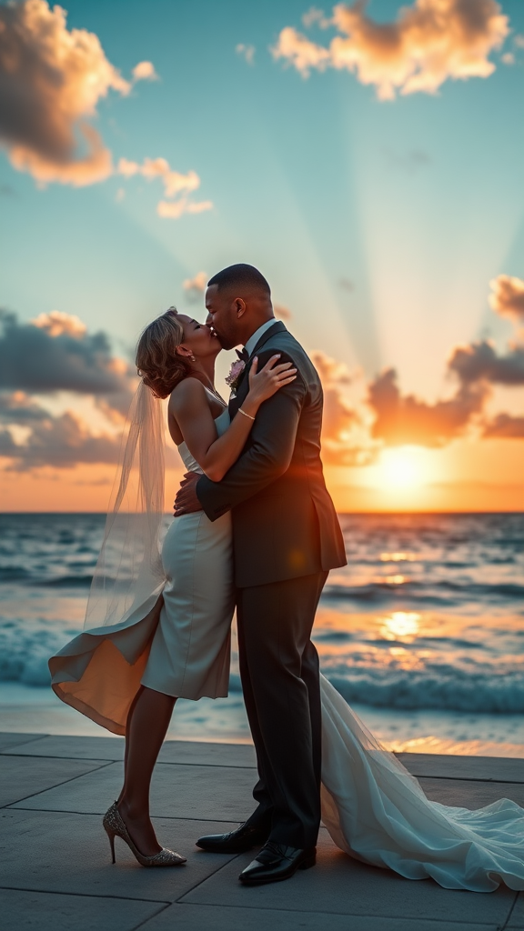 In the background, Meryl Streep and Will Smith elegantly dressed, she heels and he patent leather shoes, he passionately kisses the bride, in the background the sea with a beautiful beach, sunset sky with the sun's rays with clouds. 16K ultra-high definition.