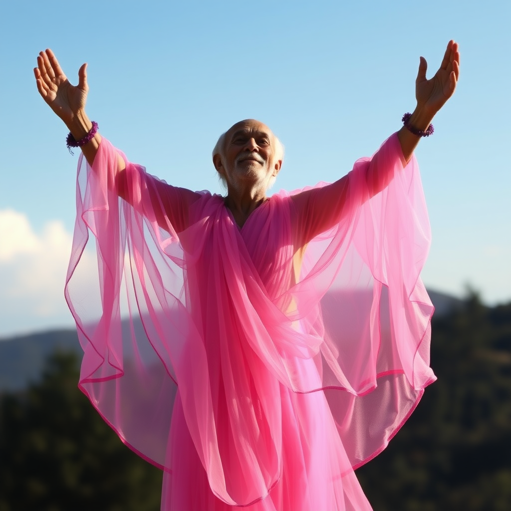 Yogi in gossamer gown arms raised