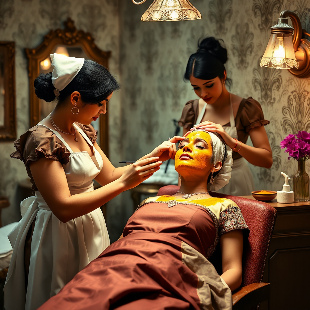 female french maids working in beauty parlour, giving turmeric facial to wealthy indian wife