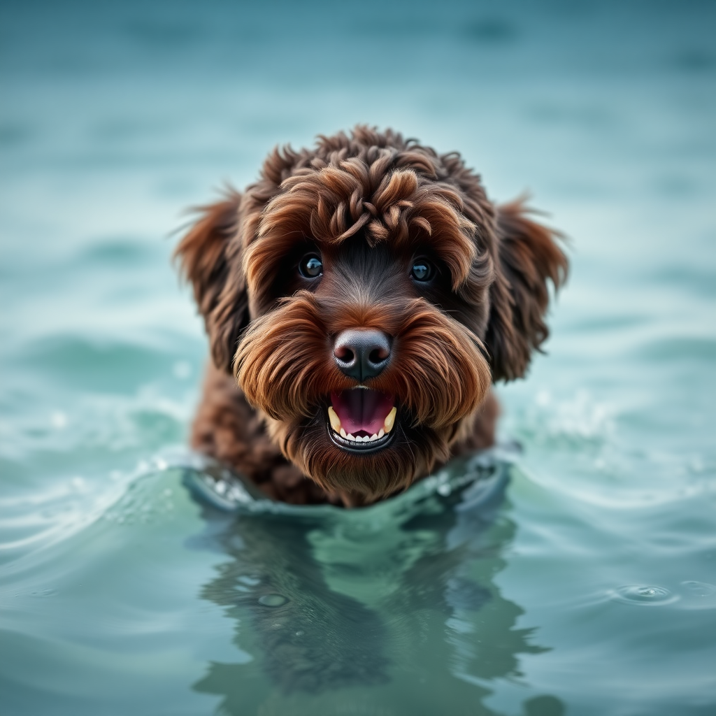 cute gigantic dark chocolate colored cockapoo coming out of the ocean, ultra realistic, ultra detailed, 50mm photo, showing his teeth