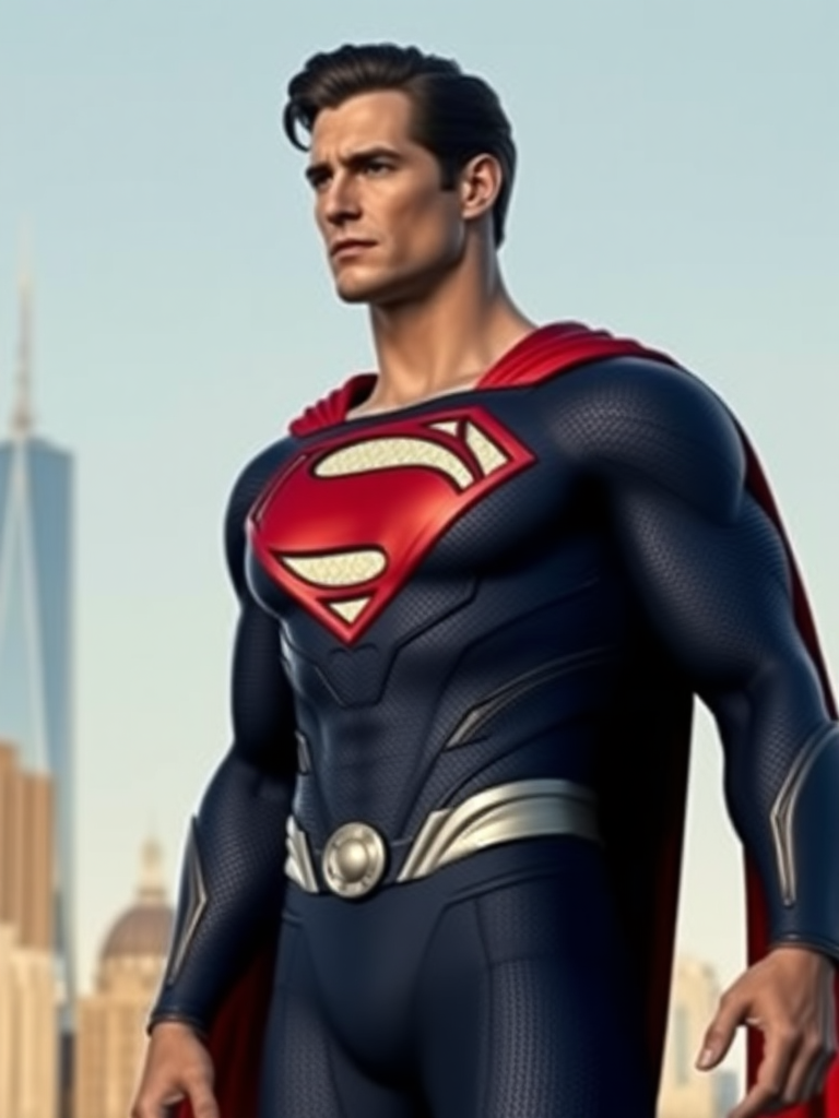 "Generate a full-length photorealistic render of Superman with Emma Frost's body type. Maintain Superman's head and match the body silhouette to Emma Frost's physique. Set the background as the Metropolis skyline during the day. Render should be photorealistic."