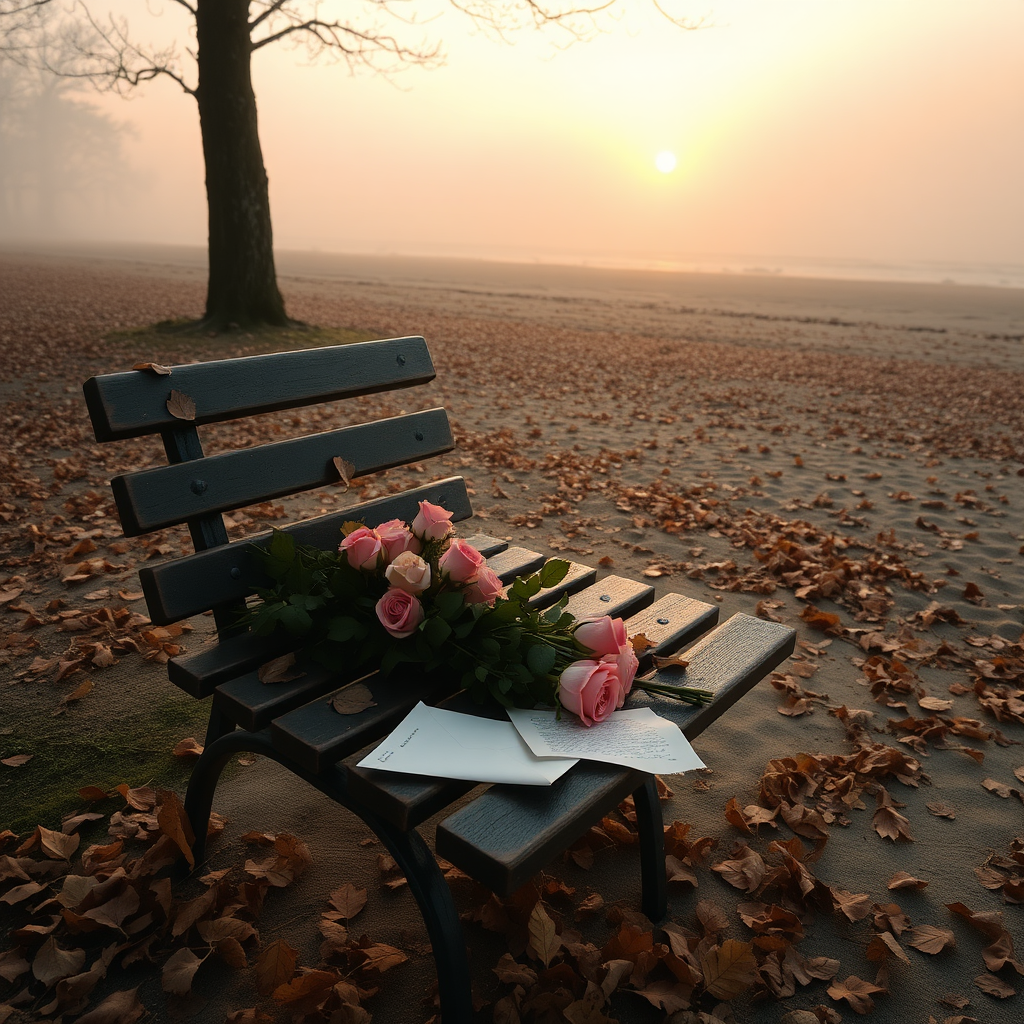 IN AN AUTUMN BEACH IN WAVES OF FOG AND A LOT OF DRY LEAVES A BOUQUET OF ROSES SCATTERED ON A BENCH IN THE PARK NEXT TO A LETTER TORN AND FELL DOWN NEAR THE BENCH ALL THE BEACH IN THE LATE SUNSET