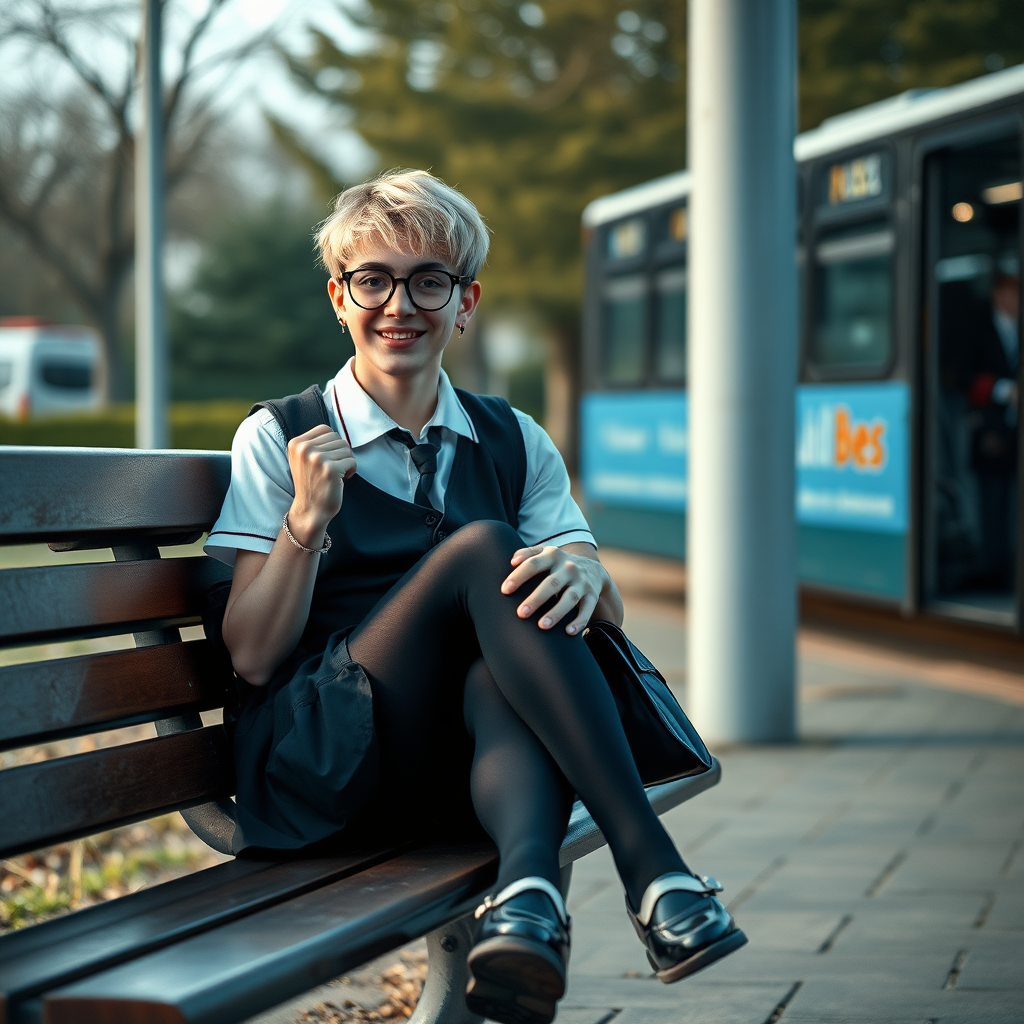 photorealistic, ultra high resolution, 16K, surreal fantasy, soft studio lighting, a pretty 18 year old goth male, slim male physique, short blonde hair, black glasses, goth makeup, earrings, shiny black pantyhose, UK girls-school uniform, Mary-Jane shoes, sitting on his boyfriend's lap on a bench waiting for the school bus, in daylight, excited smile, facing the camera.