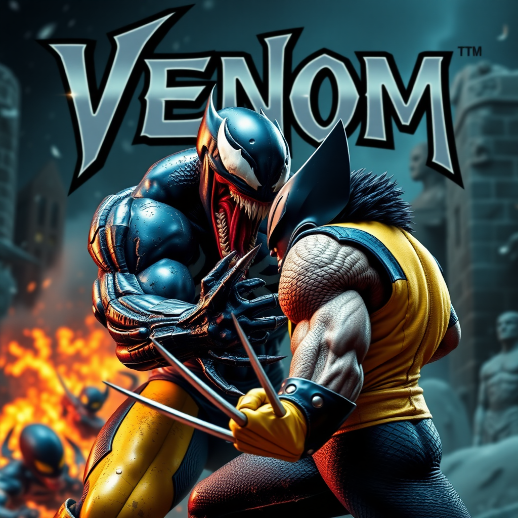 On a comic book cover is Venom Vs Wolverine in Cinematic Real3d photo-realistic quality.