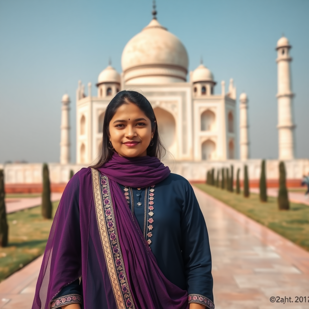 A 20 year old model in navy blue kurti with mesh violet dupatta taking a photo in front of Taj Mahal, high contrast, photography taken according to the rules of photography, azure sky, taken from low angle.