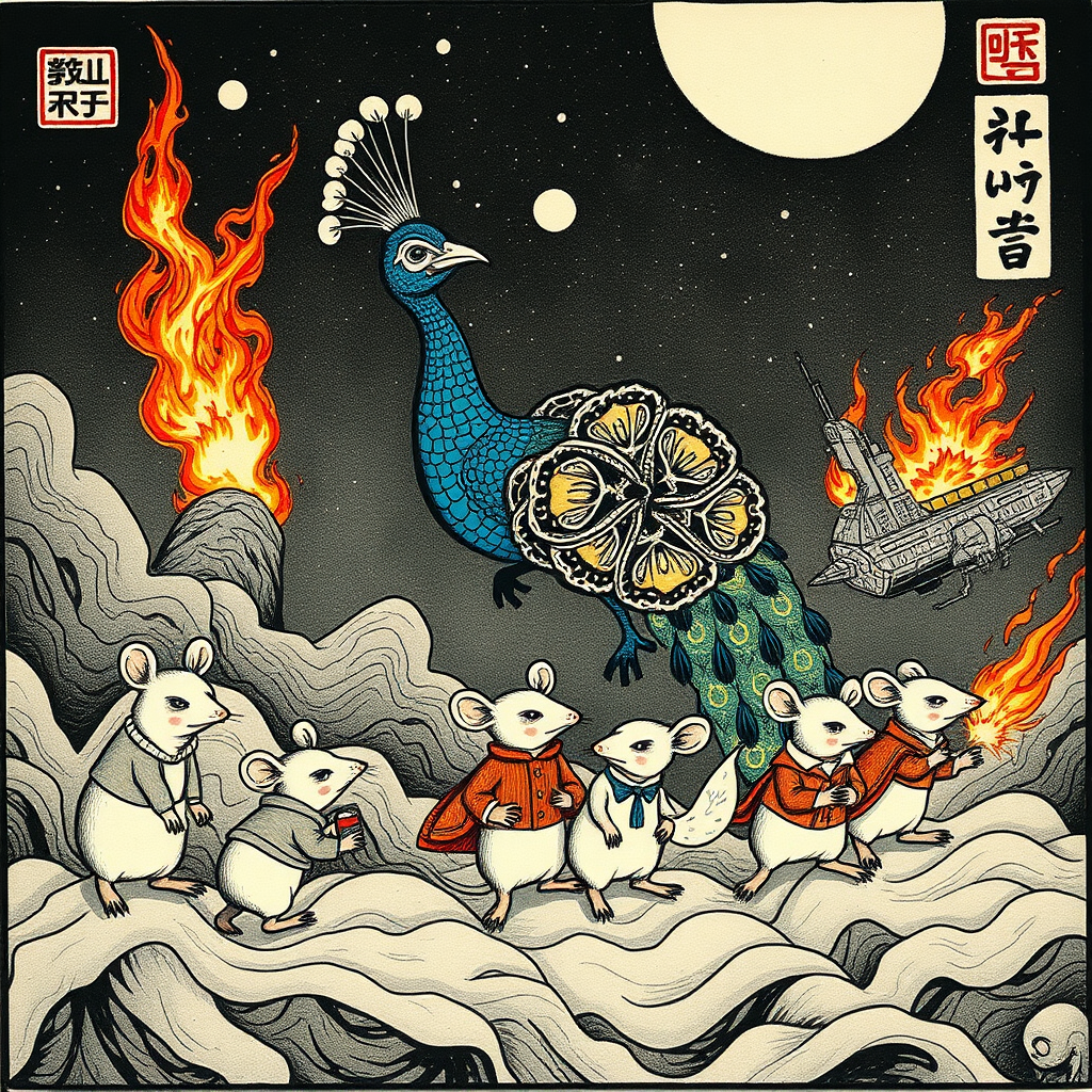 A tattooed peacock saving well-dressed rats from a burning spaceship, Chinese woodcut,