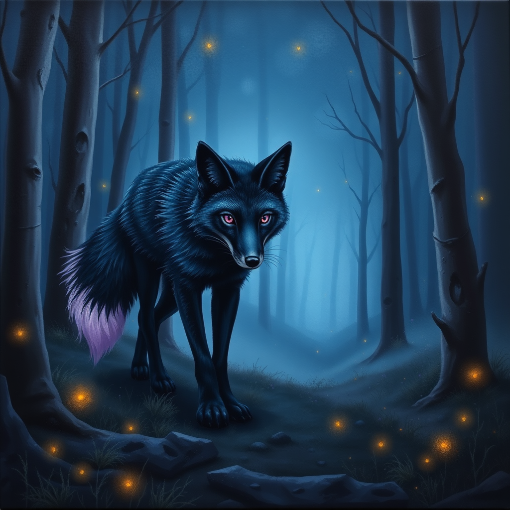 A detailed, intricate and realistic looking oil painting of a black fox with deep purple eyes and tail tip, the fox is walking through a misty dark forest at night with fireflies, stars, trees, fog, and more