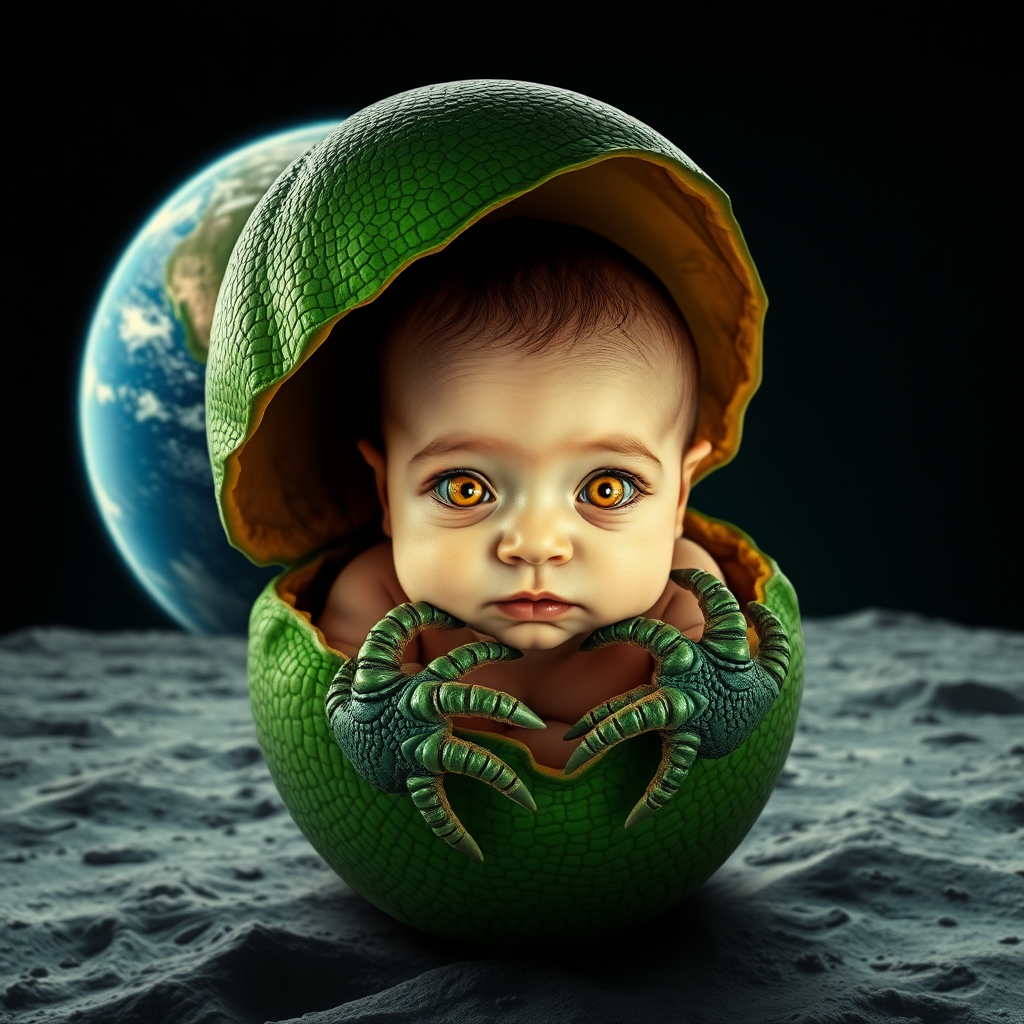 Create a photorealistic mixed picture in Salvador Dali style. With a fresh newborn human baby hatching from what looks like a green reptile egg. The baby looks straight into the camera. The baby has extreme light yellow "alien" pupils. The baby has reptile hands with claws. Scene: moon landscape. Behind you see the shining blue Earth.