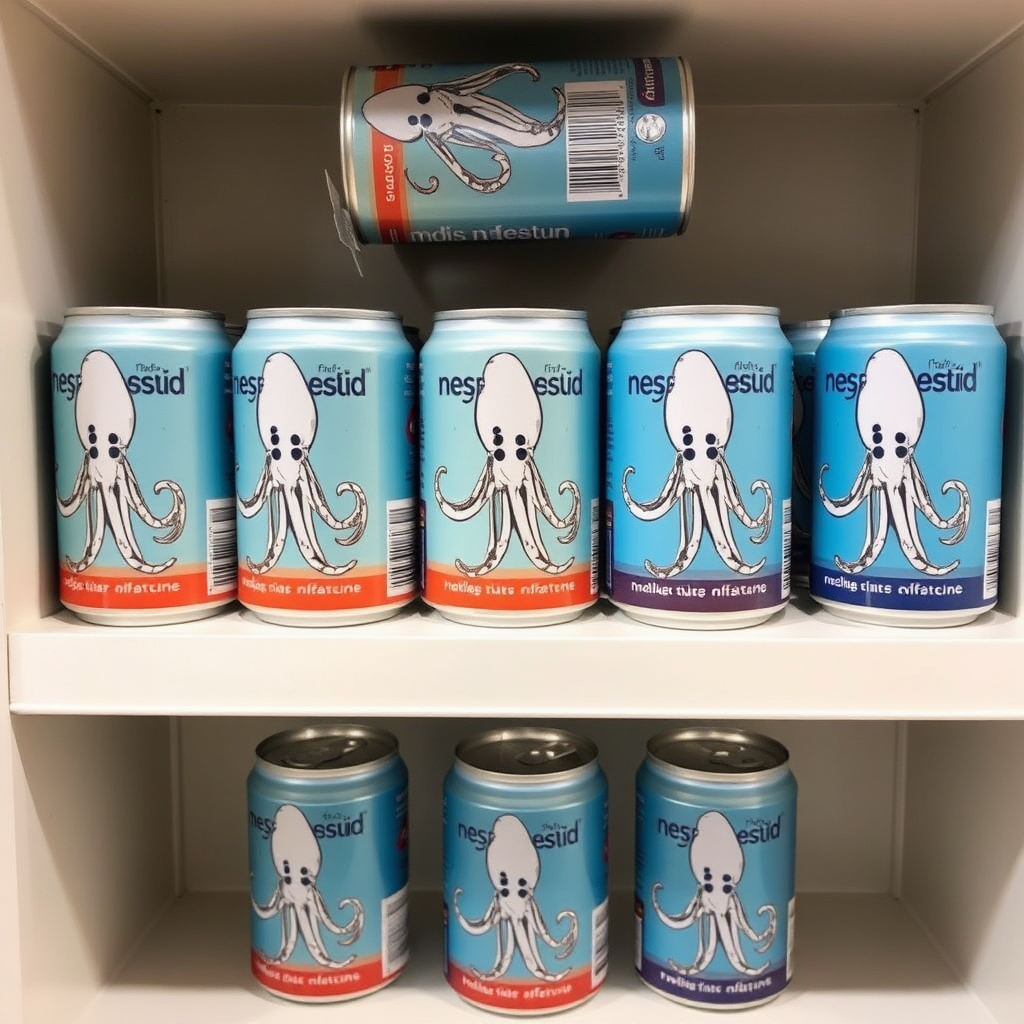 a small shelf with cans that have an image of squid on the label and text saying "nesquid from nestle"