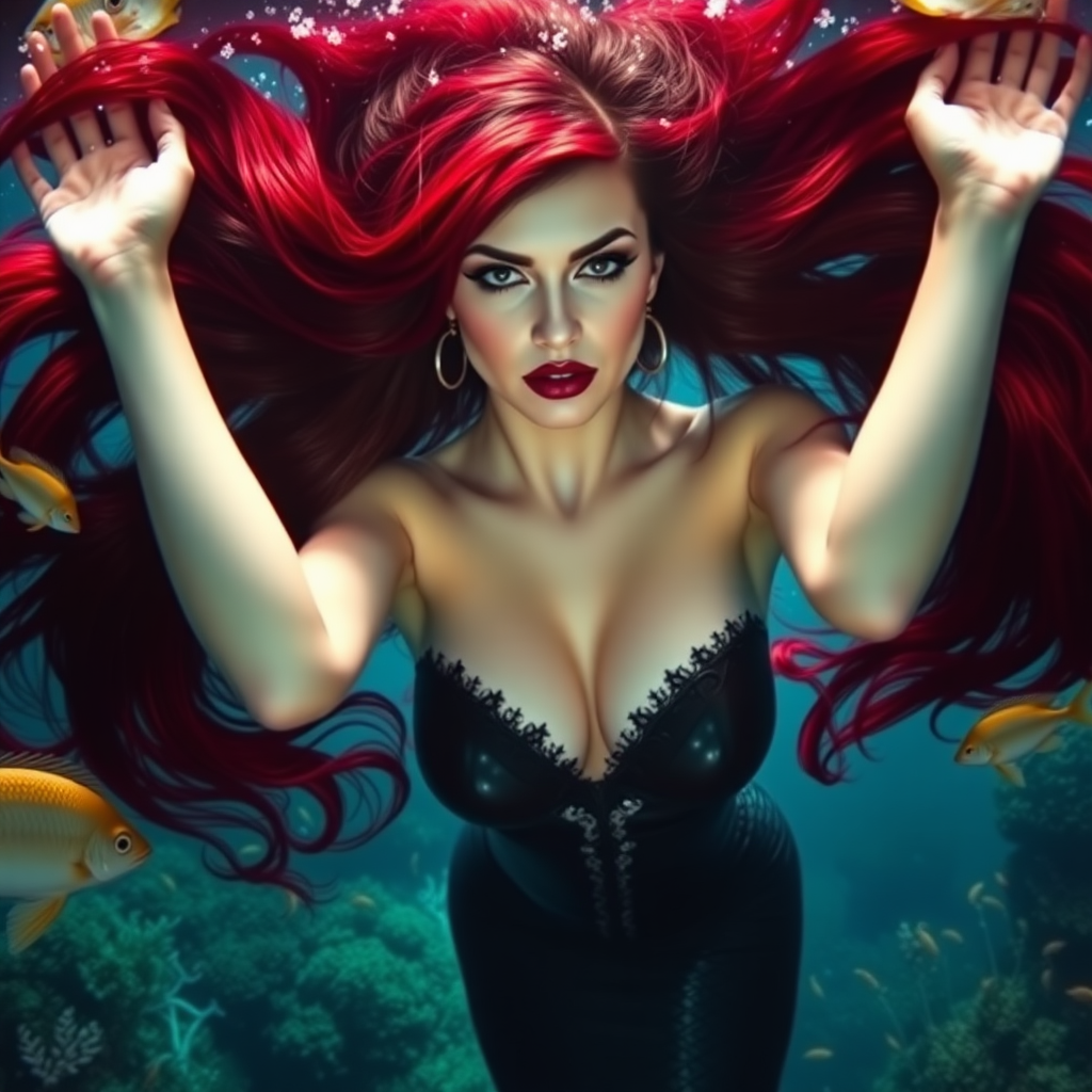 Vampirella as a fit and trim mermaid underwater amazing loose flowing hair floating in a nimbus around her beautiful face her arms outstretched languidly over her head. she's looking down into the viewer's eyes making intense eye contact. modesty protected by fish. Burlesque. Stunning undersea life details plants and fish and other creatures of the sea. Amazing HD DSLR photographic output.