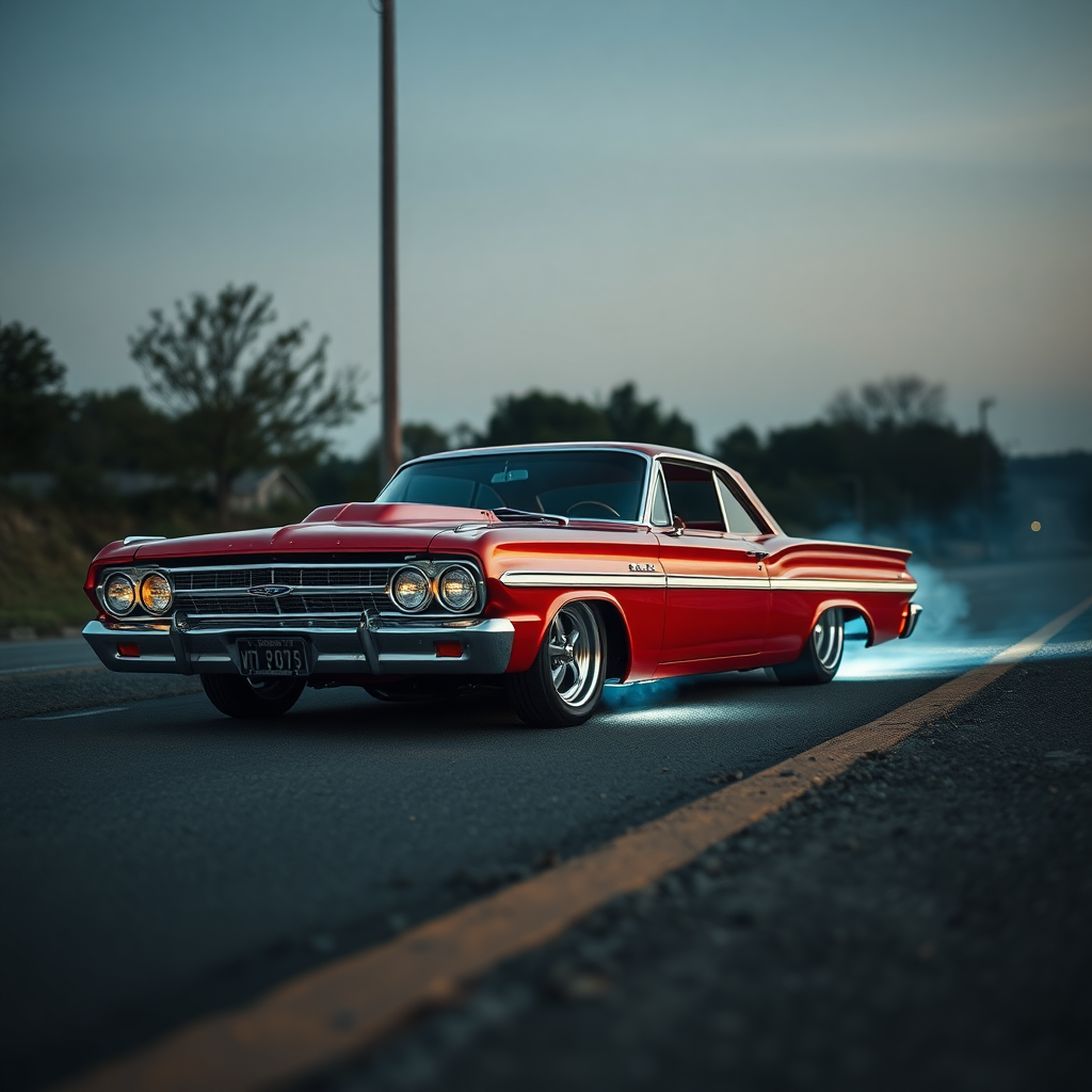 the drag car is parked on the side of the road, inspired by Taiyō Matsumoto, tumblr, restomod, nd4, c4 metallic shine candy red classic american low rider custom ford