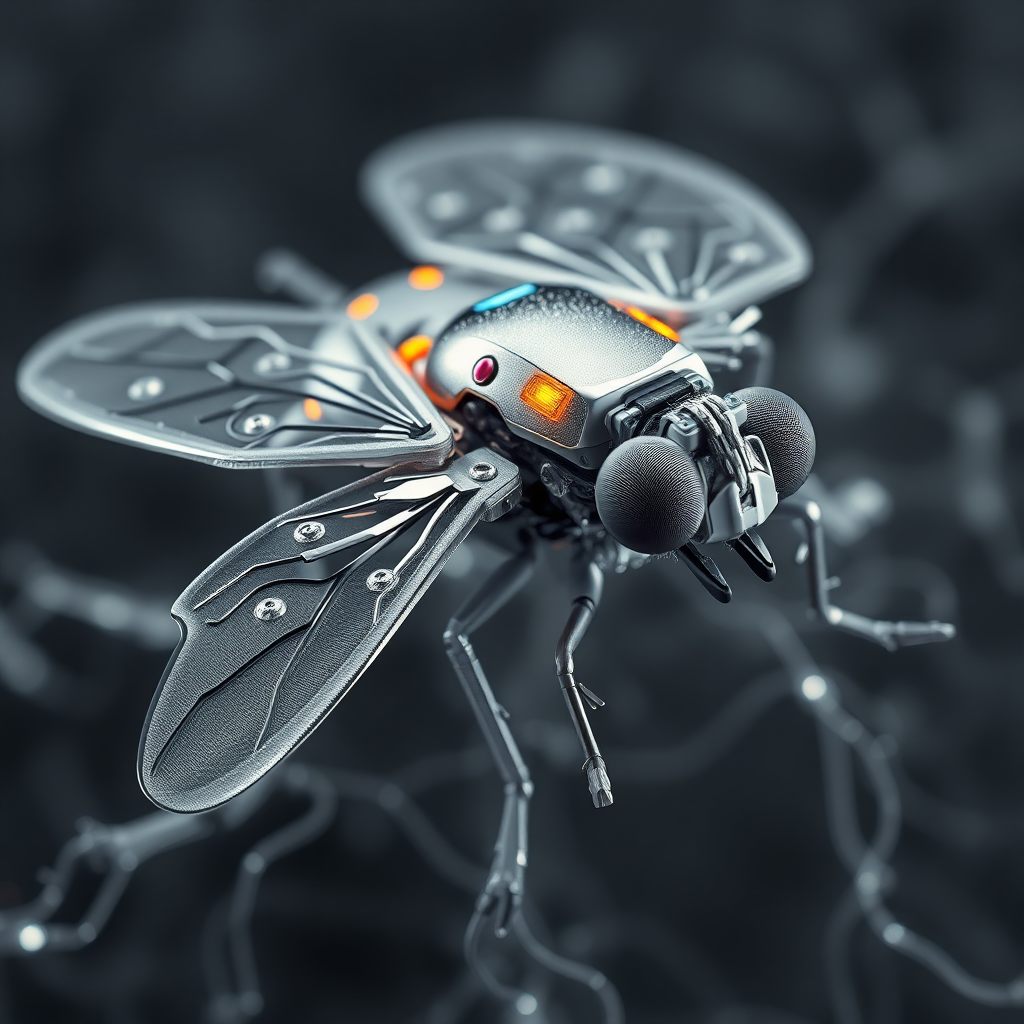 a small robotic fly with complex details, enlarged under an electron microscope. The hyper-realistic rendering reveals complex circuits mimicking neural networks. Shimmering titanium exoskeleton, LED indicators. A cold and calculating aura emanates. Precise clinical composition with intense lighting.