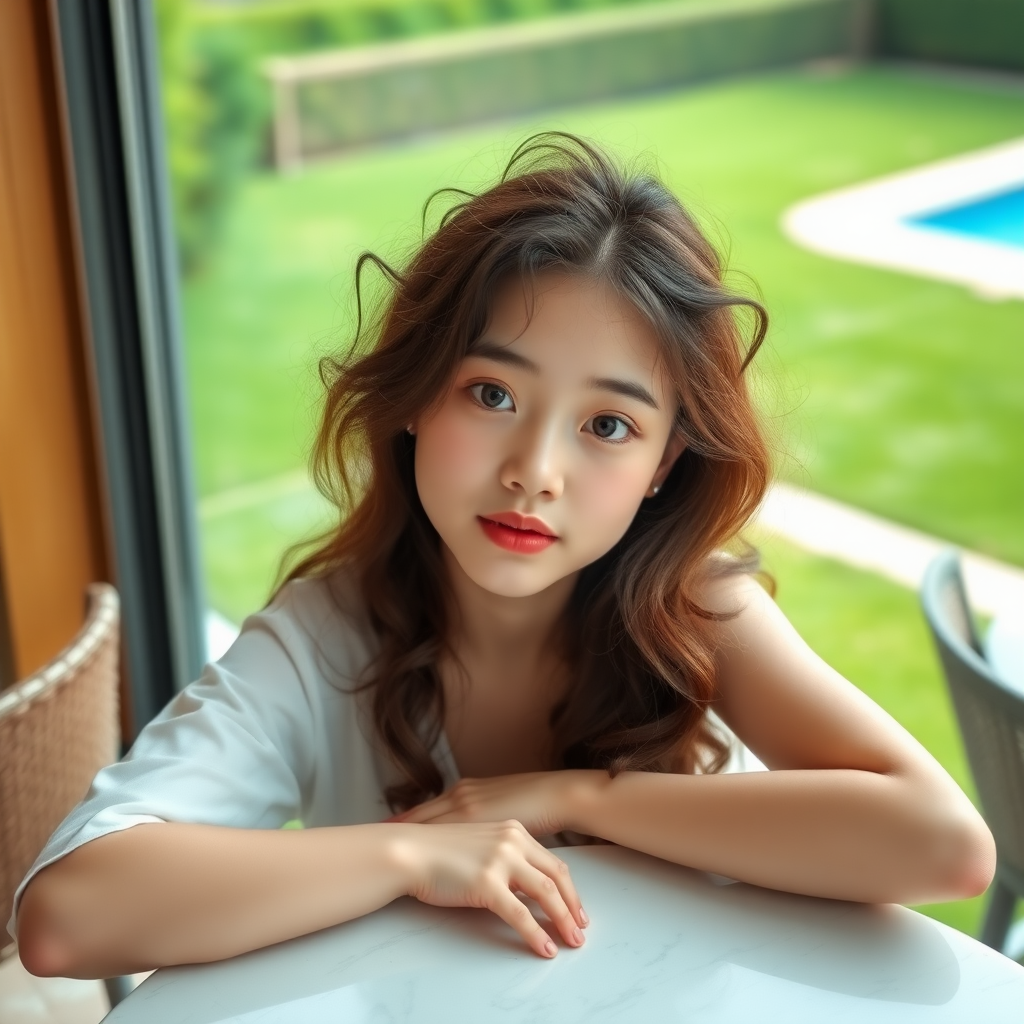 A young, 18-year-old beautiful Xiaohongshu influencer, with fair skin, big eyes, long curly hair, an oval face, and very slim, sitting in a café, leaning on the table, with a view of green grass and a swimming pool outside the window.