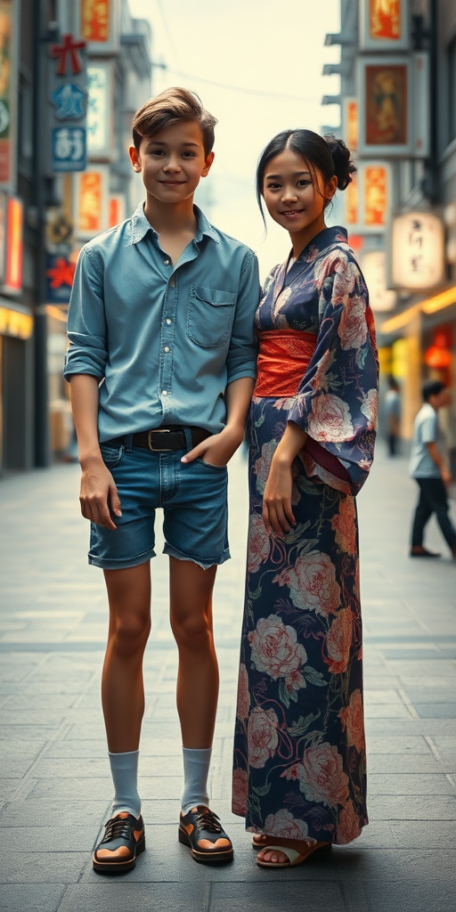 A Caucasian 13yo teen boy, wearing shirt, denim tight booty shorts, tube socks, shoes, long legs, narrow thighs. With a Caucasian girl wearing floor long kimono. full-length view. In Tokyo. 1980s. 
photorealistic, ultra high resolution, 16K,
Negative: grainy, blurry, bad anatomy, extra limbs, watermark.