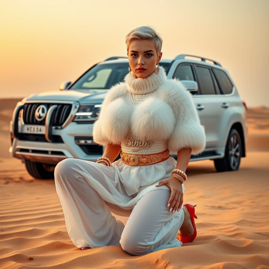 Kuwait desert dunes misty dawn, full size luxury SUV: Melissa, European 17 years old very convincing femboy “trophy-bimbo”, tamed servile docile, very beautiful feminine flawless face, rather short, by hormones very curvaceous womanly figured, platinum blond short tight curls, bold red lips, long white French nails, heavily made-up face, wearing Supertanya-style fluffy very fuzzy bright white angora turtleneck-poncho cropped ending under bust decorated with pearls and glass stones, striking oriental wide gold bridal protection belt, white fully transparent harem pants, bright red pumps with golden very high heels, full Oriental bridal jewelry including headpiece, nose-ring, coin wristlets, coin anklets, striking diamond “Bimbo” letter brooch on left chest, thick heavy pearl wristlets, pearl anklets, pout frustrated, kneeling in sand in front of SUV, looking at camera. Focus on face and turtleneck-poncho.