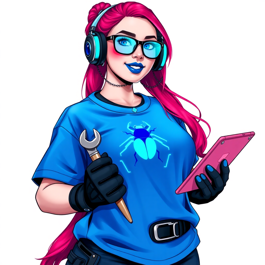 An intelligent and tech-savvy 28-year-old computer hacker and tech genius. She has a long ruby red ponytail. She wears maximum blue lipstick, blue eyes, a sapphire beetle gemstone necklace, sapphire earrings, black eyeglasses, hi-tech power gloves, and an oversized maximum blue t-shirt covering her round midsection featuring a neon blue glowing beetle chest icon. She has a full-figured physique with a prominent round wrecking ball-sized midsection, reflecting her well-cared-for lifestyle. She sports a sapphire headset with a hi-tech maximum turquoise lensed HUD, and a beaming smile accentuated by a passionate neon red blush. She serves as his tech expert from his hideout, holding a futuristic tool wrench and a futuristic digital tablet. The background is solid white. She is drawn as if she was in a retro 2D cyberpunk fighting game.