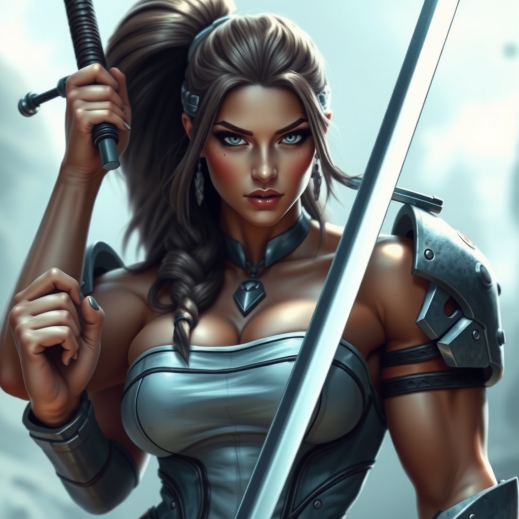 massive huge muscular jacked bodybuilder girl, strapless dress, futuristic warrior princess, sword up