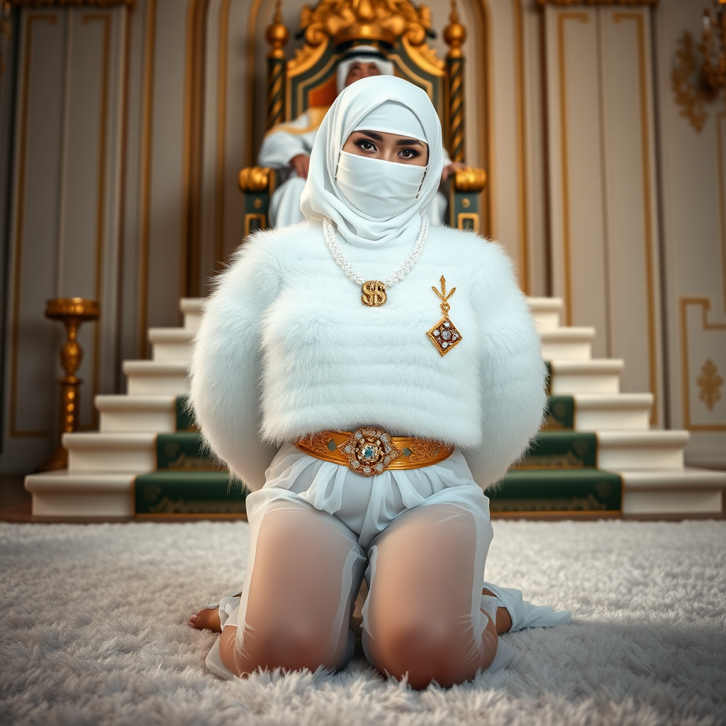 Kuwait desert palace throne room, throne raised on stair head, old overweight mighty sheik sitting on throne. In front of stairs, kneeling on white fluffy carpet: Melissa, European 17 years old very convincing femboy “trophy-bimbo”, tamed servile docile, rather short, by hormones very curvaceous womanly figured, platinum blond short tight curls, heavily made-up eyes, wearing Supertanya-style fluffy very fuzzy bright white angora turtleneck-poncho cropped ending under bust decorated with pearls and gemstones, striking oriental wide gold bridal protection belt, white fully transparent harem pants, full Oriental bridal jewelry, face covered by white sheer full Burka, coin anklets, striking diamond “$$$” letter brooch on left chest, pout frustrated, hands tied behind back, looking at camera. Focus on face and turtleneck-poncho, side perspective.