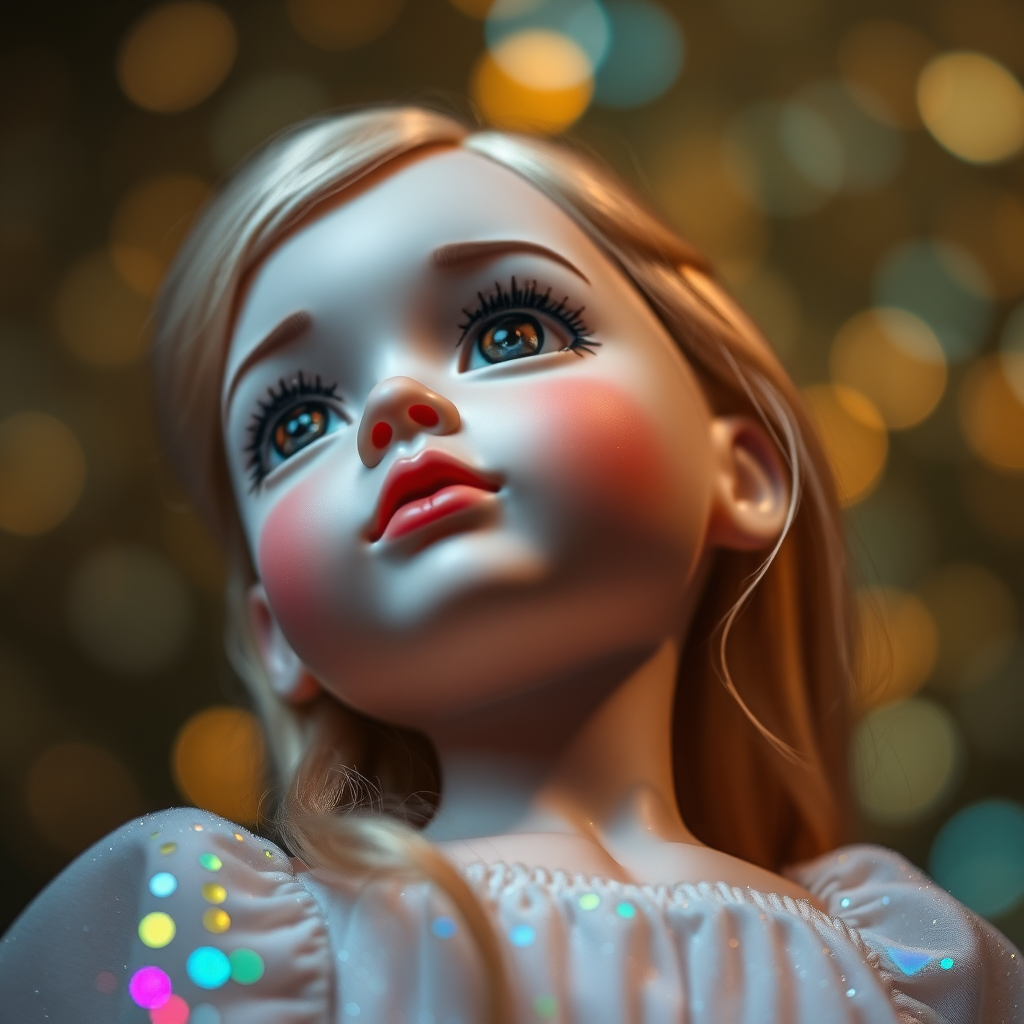 preteen artists doll, bisque porcelain, bjd, collectors doll, looking up dreaming, Bokeh, abstract, brilliant colors, glittering, translucent, mother of pearl, opal, iridescent, natural skin, glowing, artistic photo, wide angle