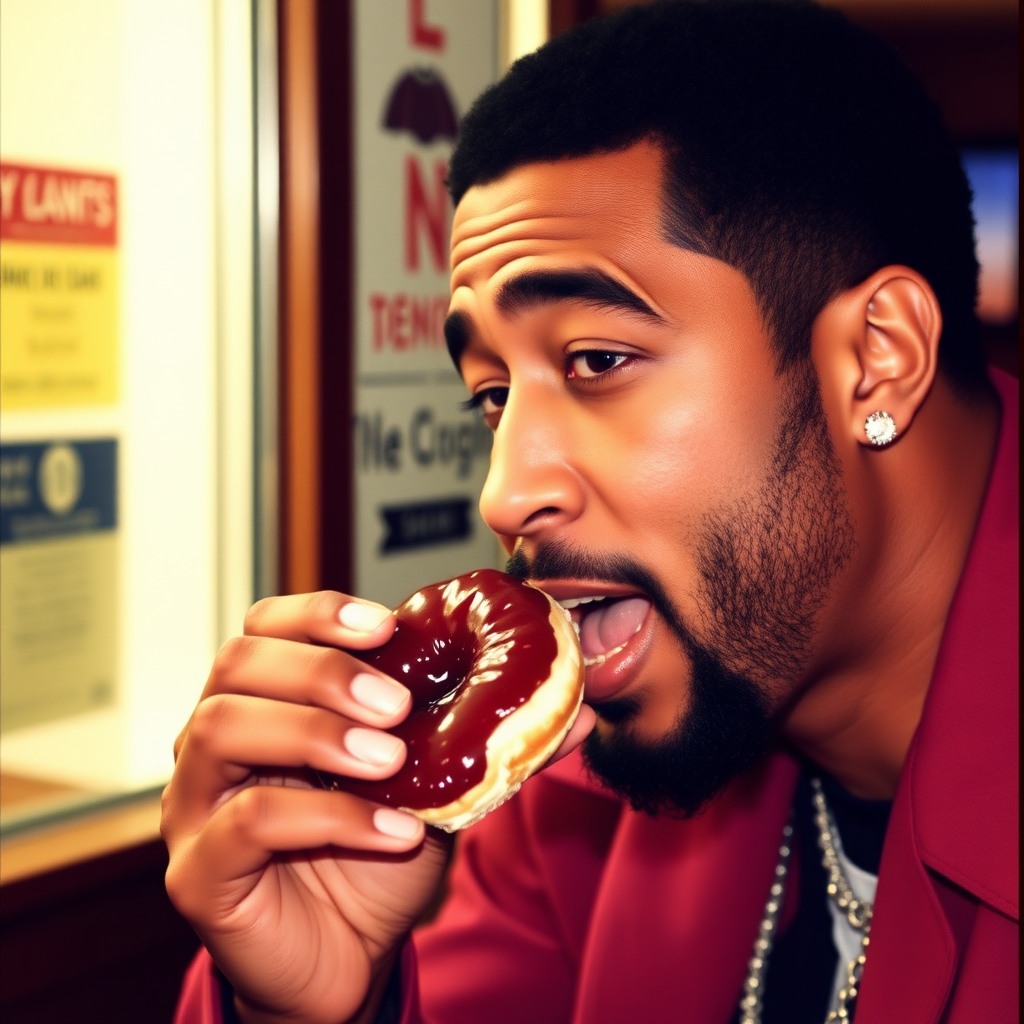 Sean Combs eating a jelly doughnut