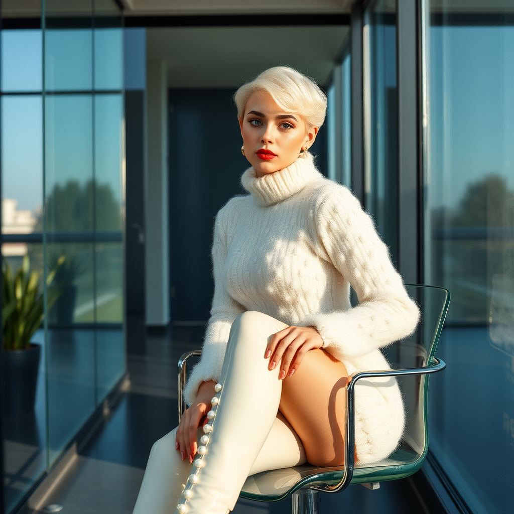 Sunny spring morning, modern glass-steel-concrete office, sitting on glass chair at wall, waiting for the master: Ana, European 17 years old very convincing femboy “trophy-bimbo”, tamed servile docile, very beautiful feminine flawless face, rather short boyish figure, platinum blond short tight curls, bold red lips, heavily made-up face, long French nails, wearing Supertanya-style chunky fluffy very fuzzy bright white plushy mohair figure-hugging turtleneck-knitdress with white pearl decoration, white vinyl thigh-high boots with golden heels, pearl earrings, serious, leaning forward presenting her assets, arrogantly looking at camera.