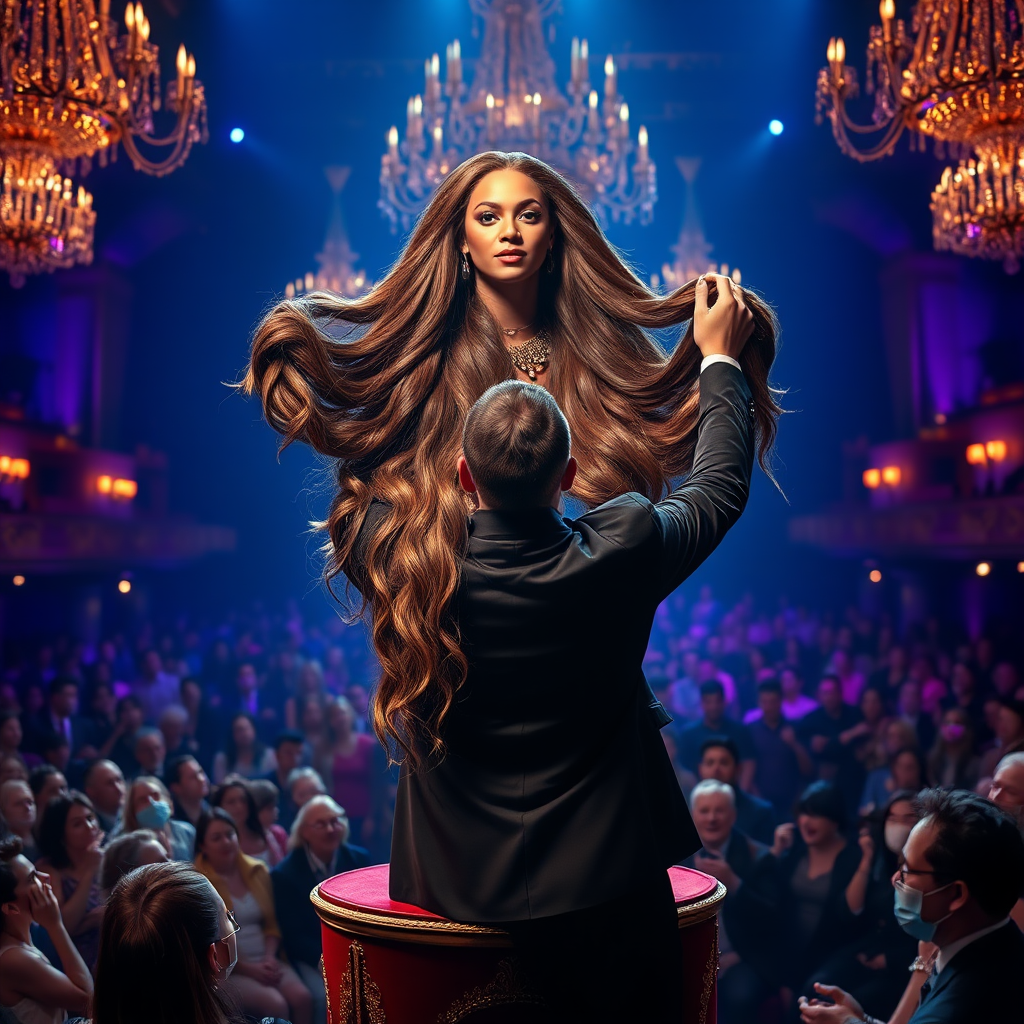 In the center of a grand, dimly-lit theater, illuminated by a spectacular array of shimmering chandeliers, a magician captivates the audience with a stunning display of illusion. Atop an ornate velvet display stand rests the glamorous head of Beyoncé, her radiant complexion and striking features enhanced by glimmers of stage lighting. Her remarkably long hair cascades elegantly, flowing like a waterfall of rich, dark silk, and the strands glisten with hints of gold as they catch the soft light.

The magician, a charismatic figure dressed in a sleek, tailored black tuxedo adorned with sequined accents, holds up the luxurious mane with a flourish, spreading it wide for everyone to admire. The air is charged with suspense as he expertly manipulates the hair, twirling it gracefully around his fingers, creating mesmerizing shapes that seem almost alive. The audience, consisting of enraptured spectators of all ages, leans forward in their seats, eyes wide with astonishment and delight, gasping at the breathtaking spectacle unfolding before them.

The atmosphere is electric with anticipation, punctuated by the faint rustle of silk and the soft rhythm of the magician's movements. A series of enchanting music notes rises from concealed speakers, harmonizing perfectly with the visuals, enhancing the wonder of the performance. The vivid colors of the stage, from deep blues to striking purples, create an otherworldly backdrop, setting the scene for this extraordinary moment of magic and beauty.