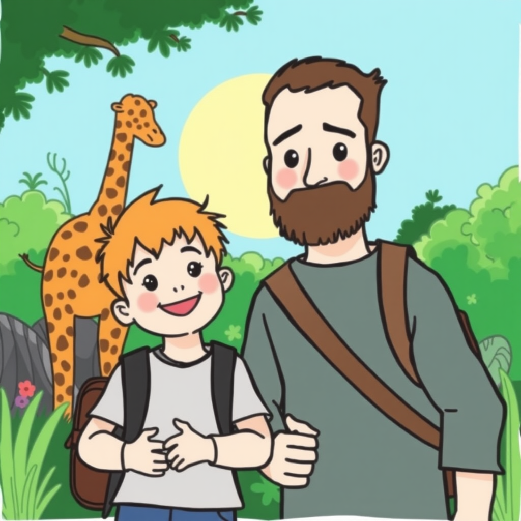 Draw a son and dad on a trip to the zoo.