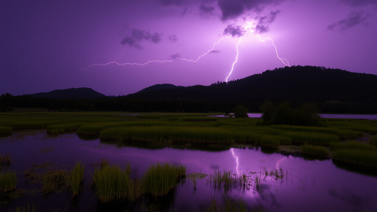 photo, lakes, purple sky, lightning