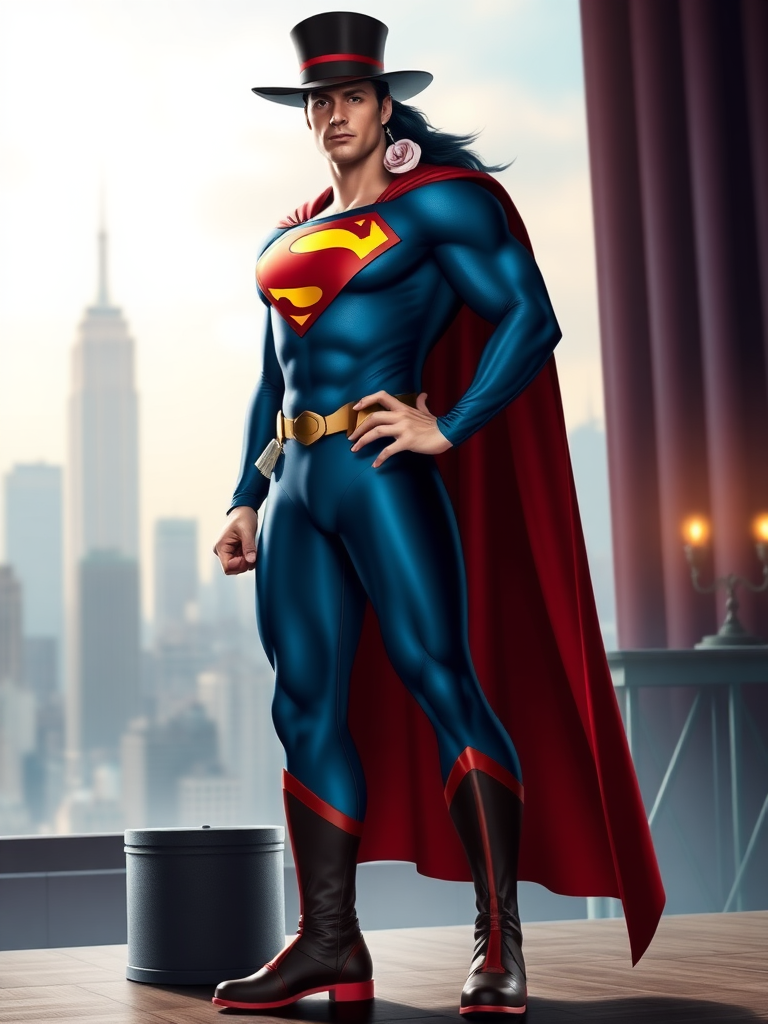 Generate a full-length image of Superman, but change the body type to that of Zatanna. The character should wear Superman's iconic costume with the emblem and colors, alongside Zatanna's signature accessories like her magician's hat and cape. The background should be a blend of both characters' environments, featuring a city skyline along with elements of a mystical stage setting, such as magical props and lighting. The pose should reflect strength and elegance, showcasing both the superhero and stage magician attributes seamlessly.