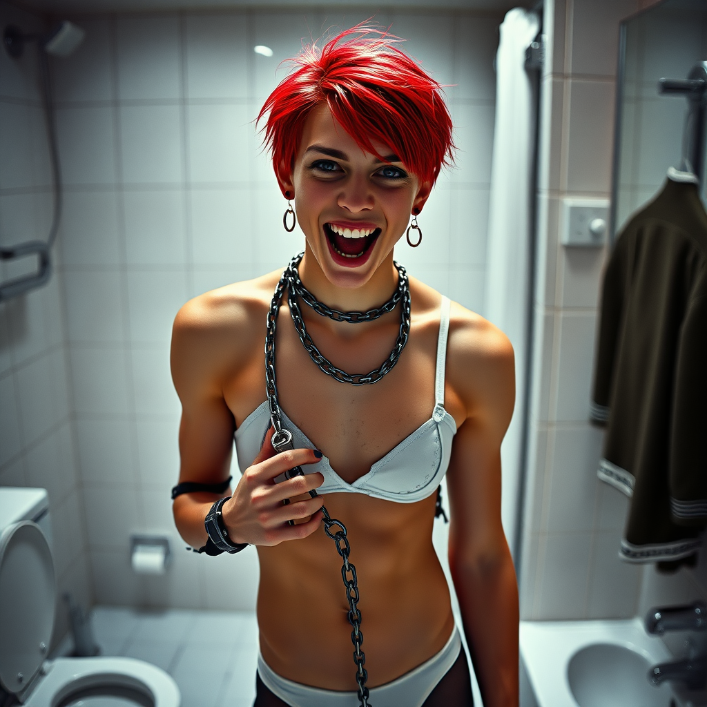 photorealistic, ultra high resolution, 16K, surreal fantasy, studio lighting, a pretty 16 year old goth boy, slim male physique, red hair, goth makeup, earrings, spiky chain and leash, handcuffs, trainer-bra, pantyhose, white ballet shoes, in the bathroom, excited open mouth smile, facing the camera,