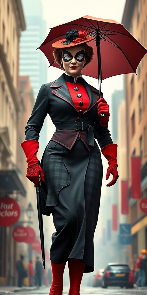 Create a full-length image of Mary Poppins with the masculine physique of Spider-Man, featuring defined muscles and an athletic build, but retaining Mary Poppins' original head. Her traditional clothing is modified to fit the muscular proportions, with a tailored, structured overcoat and elongated, fitted skirt to accentuate the build. She retains her iconic umbrella and hat. The background blends the whimsical charm of Edwardian London with the dynamic energy of a Spider-Man setting, like skyscrapers and bustling streets, reflecting both characters' worlds in one cohesive scene.