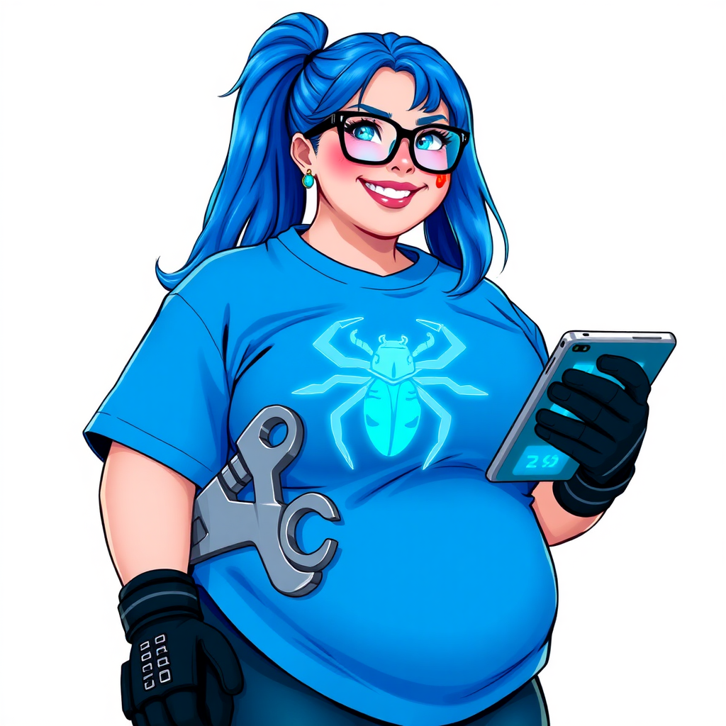 A 28-year-old, full-figured tech genius, she is the devoted girlfriend of a cyberpunk vigilante. Her long, maximum blue ponytail and glowing sapphire eyes are striking features. Her prominent, round midsection, gigantic limbs, and broad shoulders define her full figure. As the loyal and supportive sidekick, she plays a crucial role in their missions, using her digital and technological prowess to assist and protect.

She wears an oversized maximum blue t-shirt with a neon blue scarab beetle chest icon and black high-tech gloves. Her neon red blush and lovestruck smile are ever-present as she holds a futuristic wrench and a digital holographic tablet. Her face, often smeared with pizza sauce, shows how pampered she is by her doting boyfriend. Her nerdiness is unmistakable, accentuated by her black oversized eyeglasses. She serves as her boyfriend’s indispensable tech expert. She is on a solid white background. She is drawn as if she was in a retro 2D cyberpunk fighting game.