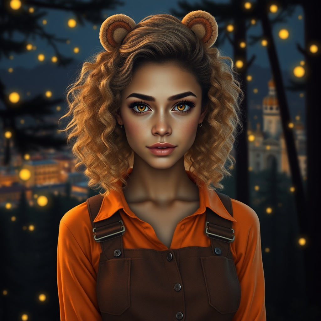 Create a realistic, detailed image of a 25-year-old woman with olive skin. Her eyes are amber and orange in color. Her hair is voluminous and curly to her shoulders. She has delicate features, and her face is strong and cute at the same time. She wears a brown jumpsuit and an orange blouse underneath. She has freckles on her face. It's in the middle of a dark forest, lit by fireflies that glow softly. In the background, a city with fantastic architecture, giving a magical touch to the scene. The image must be extremely realistic, capturing every detail with precision and 8k quality. It looks like a photograph. Extremely realistic. 25 years old. She wears a bear clip on her head. Beautiful. Beautiful. Extremely realistic. Beautiful appearance. Shiny golden hair.