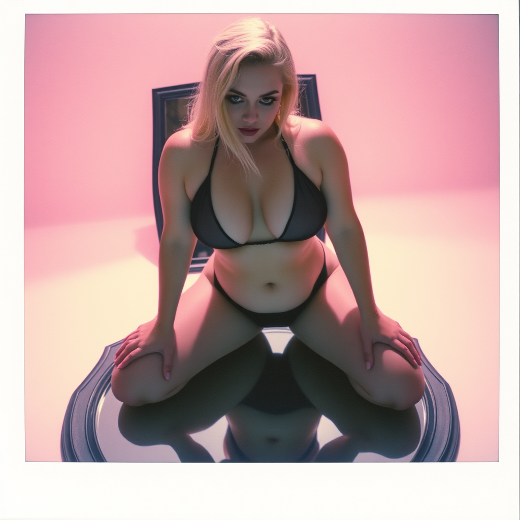 old polaroid photo with heavy vignetting and pink and blue artistic studio lighting color tint and light leak, depicting a sexy curvy thicc pale white alt goth girl with eye makeup, wearing a tiny revealing black see thru bikini gstring thong with a small outline of her labia and nipples visible, kneeling over a large mirror placed on the floor below her and one behind her