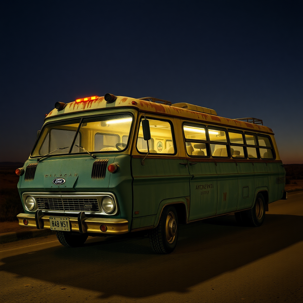 Ford Falcon Mad Max apocalyptic night dust rusty the bus is parked on the side of the road, inspired by Taiyō Matsumoto, tumblr, restomod, nd4, c4