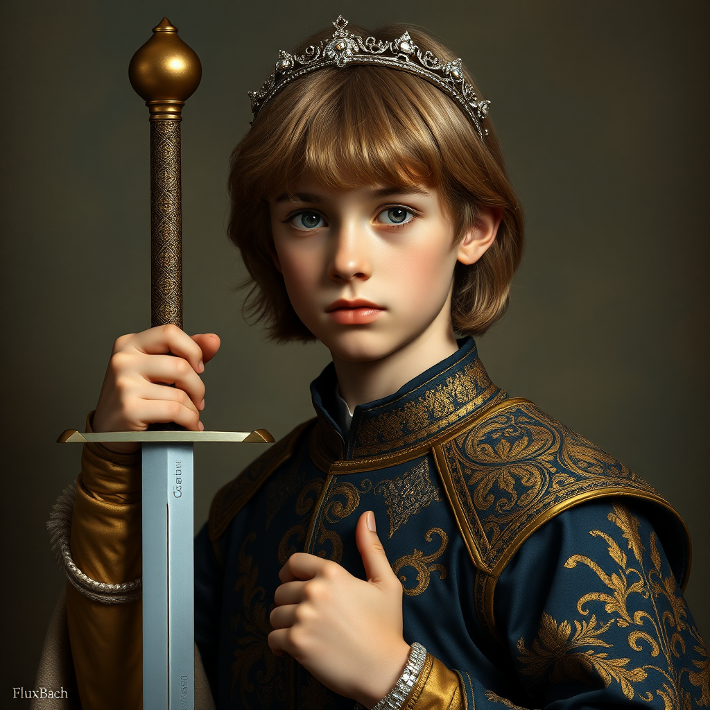 16yo teen boy prince holds his one small sword in a scabbard in his right hand by the hilt, long bob cut, embroidered with gold and diamonds medieval cloths, diamond diadem, and Beautiful War, natural Skin Texture, visualization of embossed Skin using the play of light and shadow. Free style by 50% Adolphe William Bouguereau and 15% Sandro Botticelli and 35% Otto Lomüller, The background is in the style of landscape style by Antonio del Polaiolo. Studio lighting, professional lighting. Generating the signature at the bottom: FluxBach. ultra high resolution, 16K,