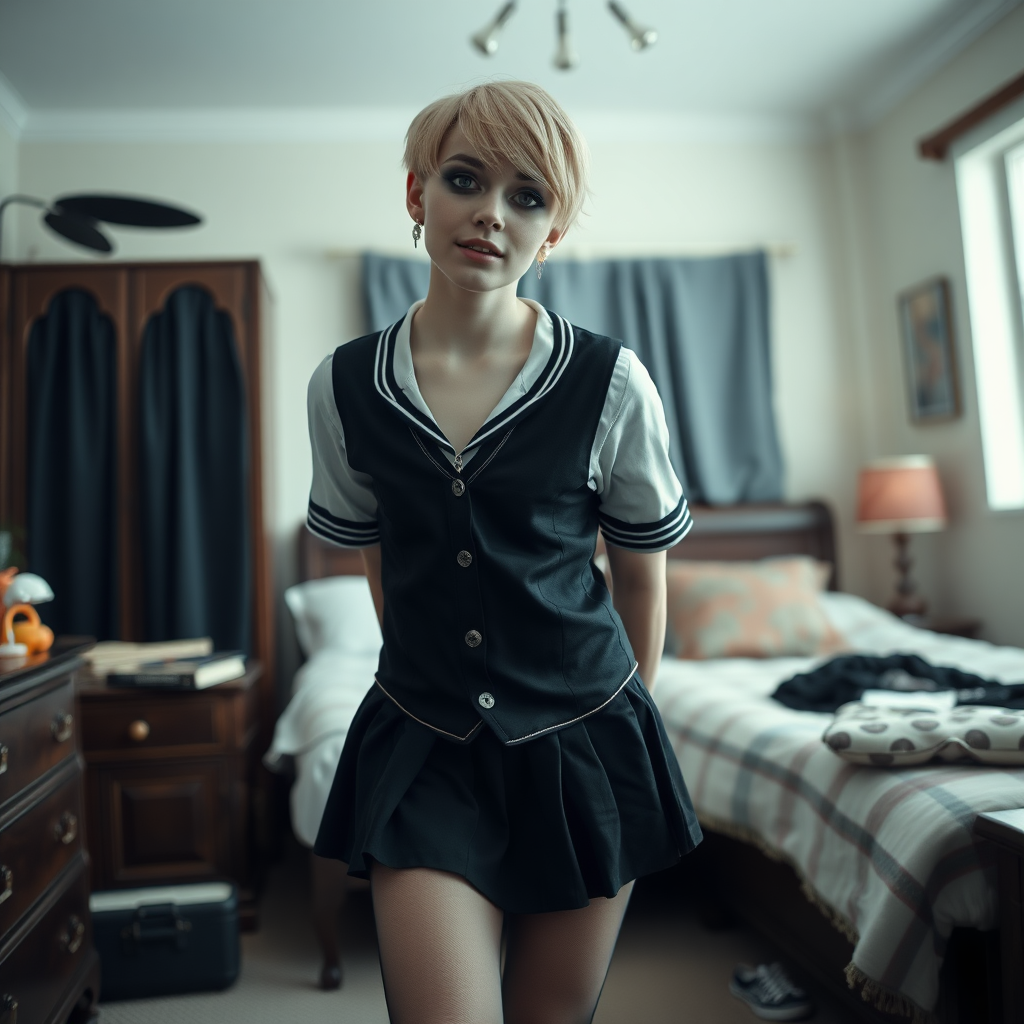 photorealistic, ultra high resolution, 16K, surreal fantasy, soft studio lighting, a pretty 16 year old goth male, slim male physique, short blonde hair, goth makeup, earrings, sheer pantyhose, UK girls-school uniform, Mary-Jane shoes, in the bedroom - , excited smile, facing the camera.