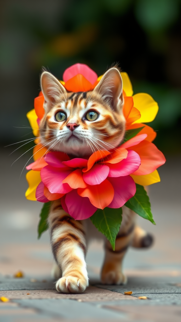 A little chubby big yes pink nose cat walking on two paws wearing a real colourful flower costume doing ramp walk.