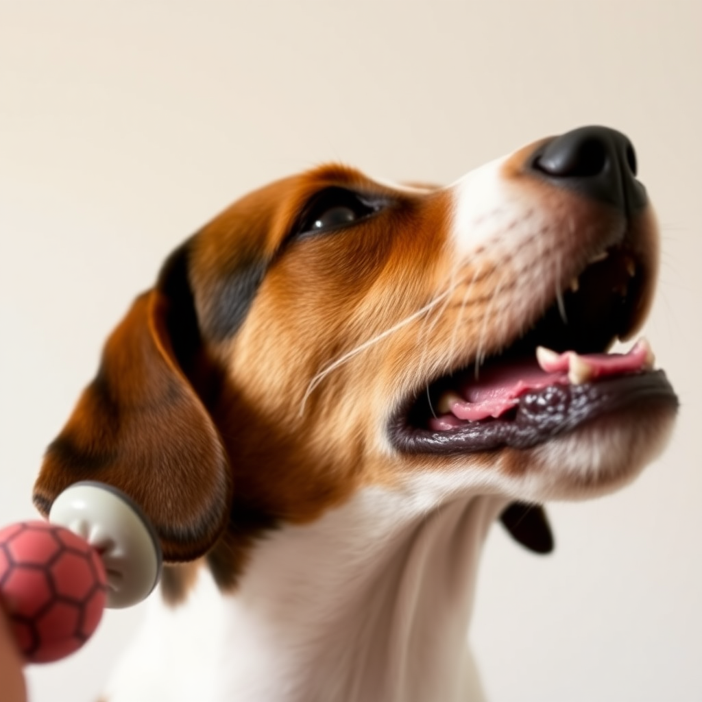 A dog biting a toy, close-up shot, side view of the head, stretching its neck, looking up, open the mouth, opaque.