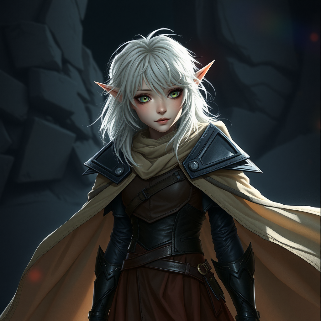 A twenty-something elf girl like (Deedlit from Record of Lodoss War), a character come to life. messy shoulder length white hair. wide triangular shoulder pads, flowing cloak, leather armor, skirt, high heel ankle boots. Photorealistic digital matte painting, highly detailed, film grain, lens flare, chromatic aberration.