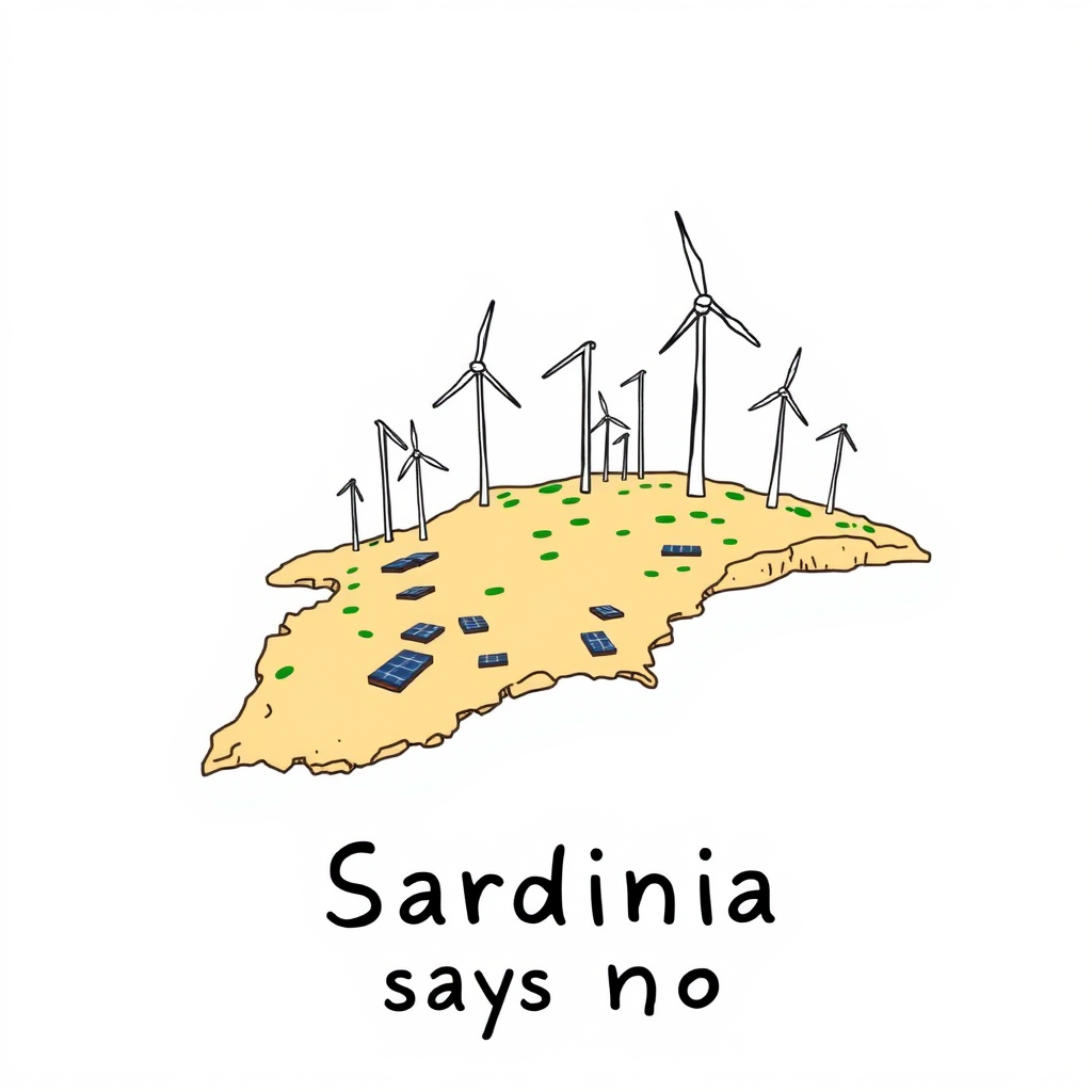 I draw Sardinia, showing it as it is overwhelmed by huge wind turbines and photovoltaic panels. The style is a minimalist colored drawing, text "Sardinia says no."