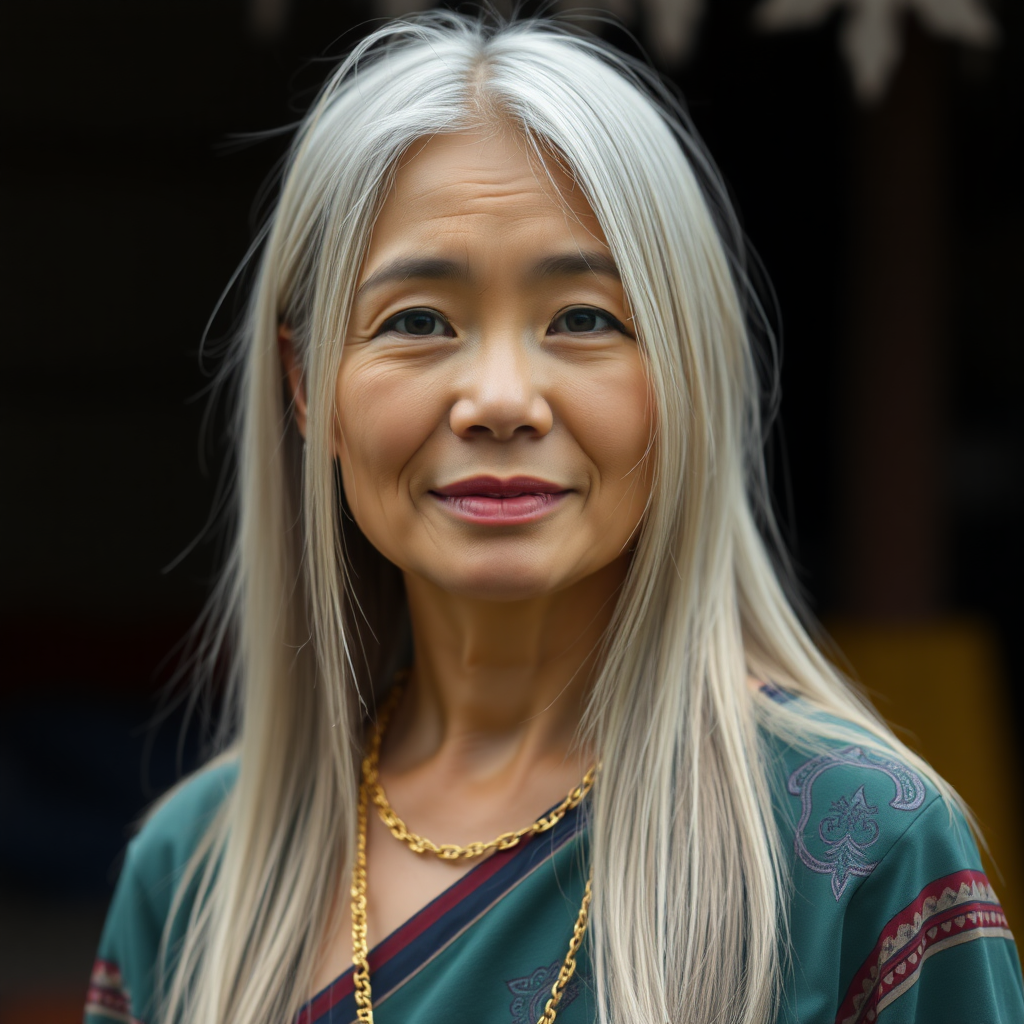 A 45 Year young North-East Thai Women with uncolored long straight Hair and a fine Gold chain.