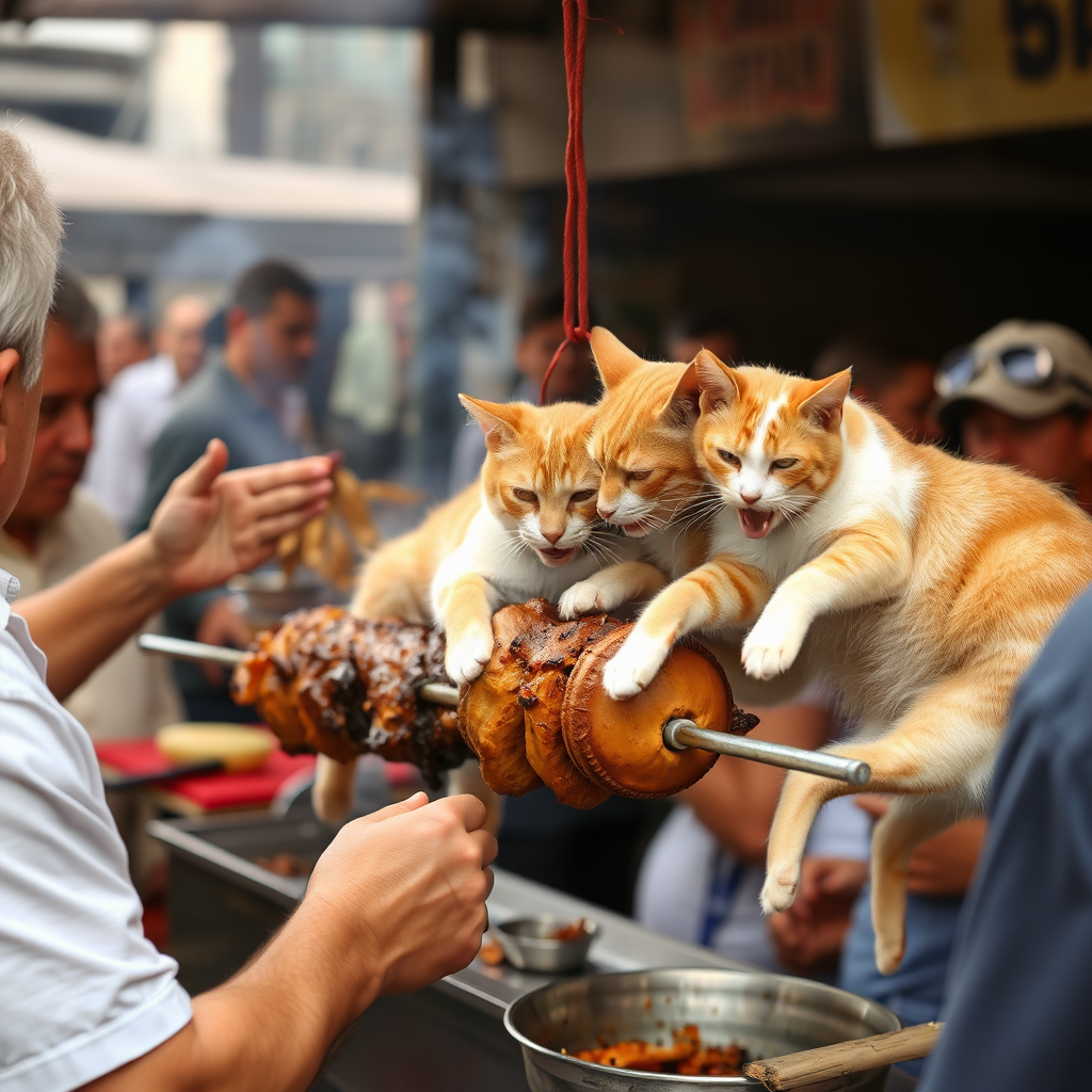 People eating cats and dogs off of a barbecue spit