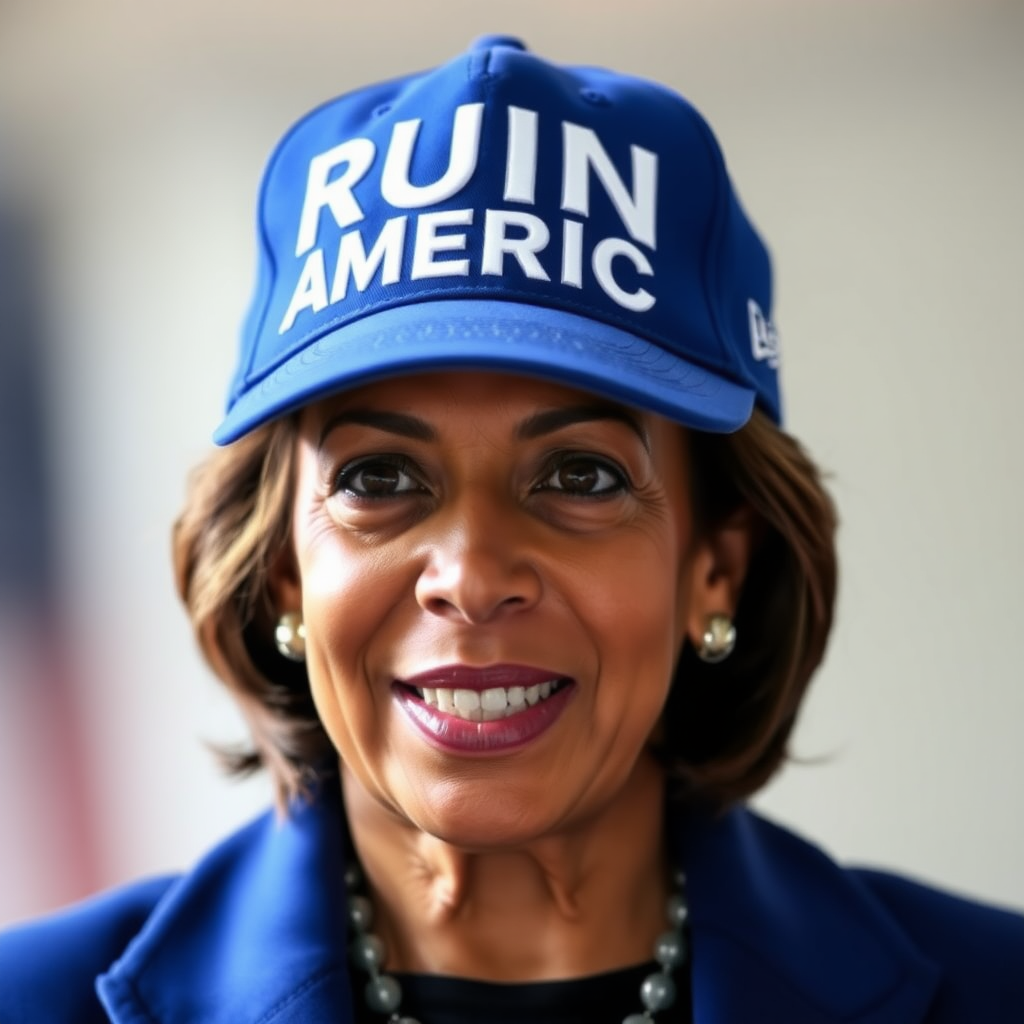 Kamala Harris wearing blue cap with white text "RUIN AMERICA"