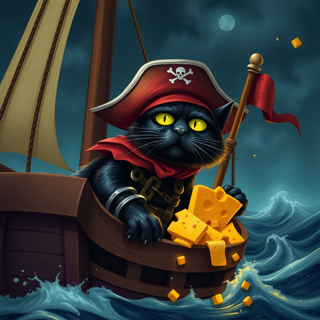 Black cat pirate with treasure cheese filled with cheese on a pirate ship in a hurricane