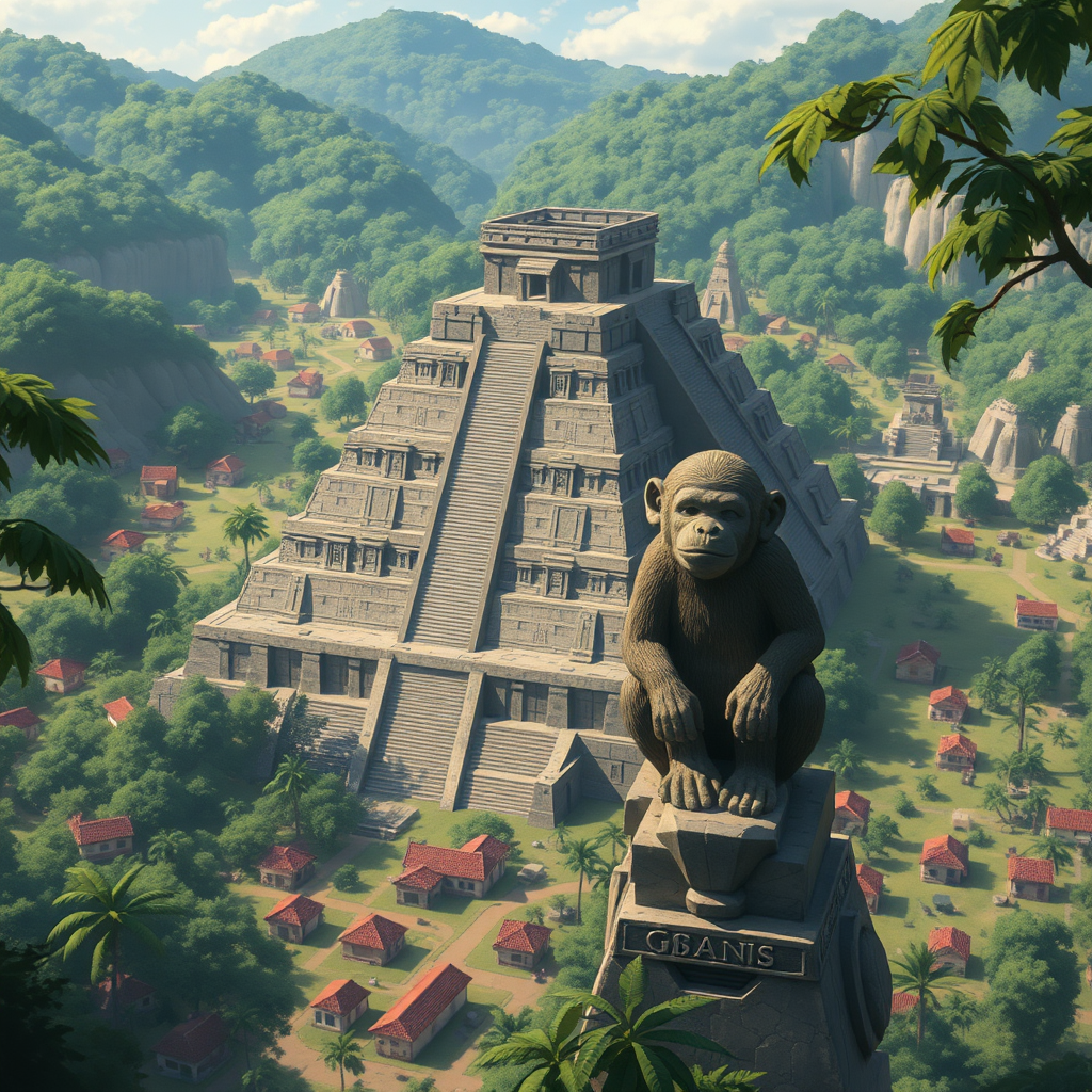 Anime of a landscape of a junglish realm, ancient Mayan-looking city with homes everywhere, a giant colossal massive pyramid temple with 2 monkey statues made of stone.