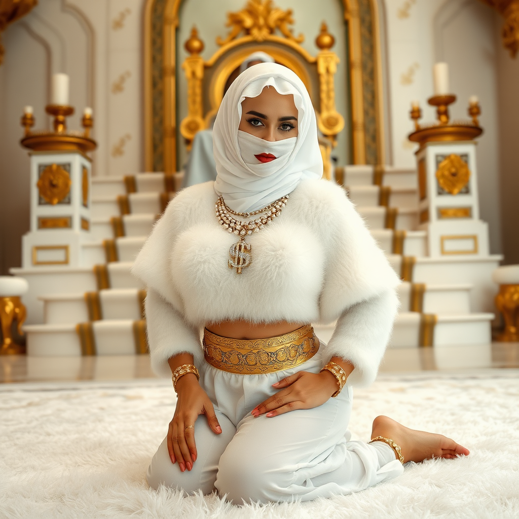 Kuwait desert palace throne room, throne raised on stair head, old overweight mighty sheik sitting on throne. In front of stairs, kneeling on white fluffy carpet: Melissa, European 17 years old very convincing femboy “trophy-bimbo”, tamed servile docile, rather short, by hormones very curvaceous womanly figured, platinum blond short tight curls, heavily made-up eyes, wearing Supertanya-style fluffy very fuzzy bright white angora turtleneck-poncho cropped ending under bust decorated with pearls and gemstones, striking oriental wide gold bridal protection belt, white fully transparent harem pants, full Oriental bridal jewelry, face covered by white sheer full Burka, coin anklets, striking diamond “$$$” letter brooch on left chest, pout frustrated, hands tied behind back, looking at camera. Focus on face and turtleneck-poncho, side perspective.